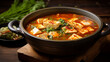 kimchi soup with soft tofu or korean kimchi stew on wooden table