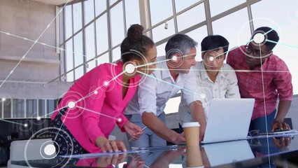 Poster - Animation of network of connections with icons over diverse business people in office