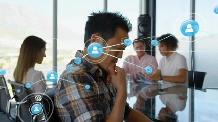 Poster - Animation of network of connections with icons over diverse business people in office