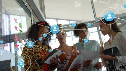 Poster - Animation of network of connections with icons over diverse business people in office