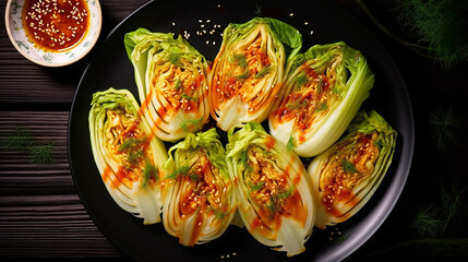 Wall Mural - chinese cabbage. kimchi cabbage. korean traditional food on wooden table