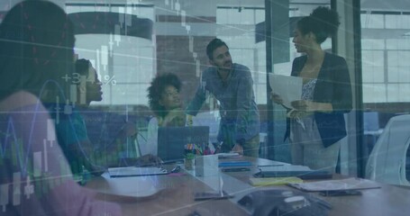 Poster - Animation of financial data processing over diverse business people in office