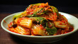 napa cabbage kimchi korean traditional food on wooden table