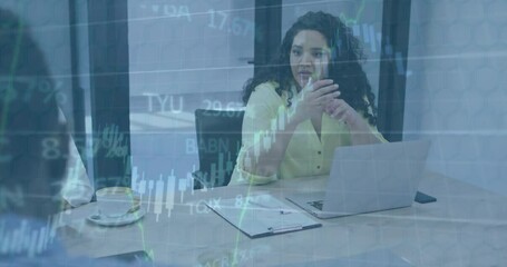 Poster - Animation of financial data processing over diverse business people in office