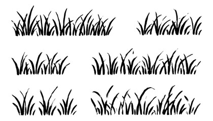 Aufkleber - Grass doodle ink brush sketch set. Hand drawn vector grass field grunge texture brush background. Doodle herb, organic pattern elements. Vector illustration