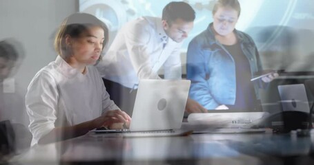 Poster - Animation of busy people walking over diverse business people in office