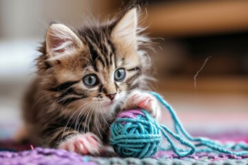 A curious kitten playing with a ball of yarn