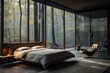 © CStock - bedroom in a dark wood and glass brutalist modern home in the woods,