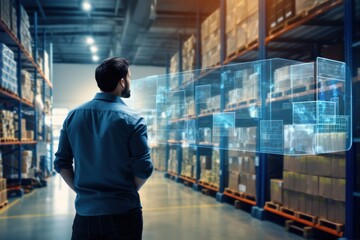 Canvas Print - Behind the worker, an expert stands, looking at the smart warehouse management system 