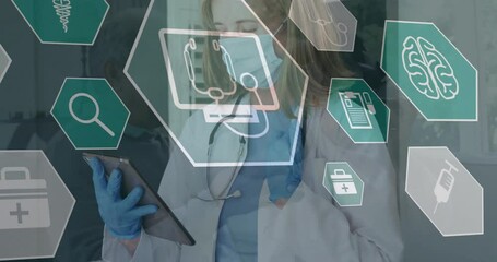 Poster - Animation of medical icons over caucasian female doctor in face mask