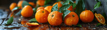 A Vibrant And Diverse Array Of Citrus Fruits, Including Mandarin Oranges, Clementines, And Bitter Oranges, Sit Atop A Rustic Table Adorned With Leaves, Evoking A Sense Of Freshness And Natural Abunda