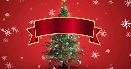 Poster - Animation of red banner with copy space over christmas tree on red background