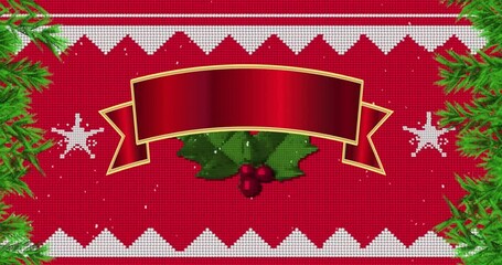 Poster - Animation of red banner with copy space over christmas decorations on red background