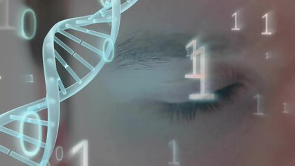 Poster - Animation of dna strand spinning, binary coding over caucasian man's face