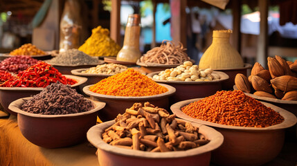 Wall Mural - Balanced Closeup of dried spices and tea backgroundin grand bazaar