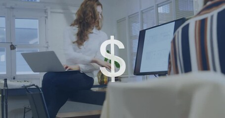 Poster - Animation of american dollar sign over caucasian businesswoman in office