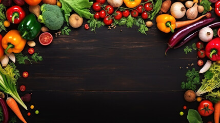 Wall Mural - Wonderful Frame of organic food, Fresh raw vegetables and spices, On a wooden chalkboard