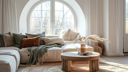 Wall Mural - Rustic accent round coffee table near fabric sofa with many pillows against arched window. Scandinavian farmhouse style home interior design of modern living room