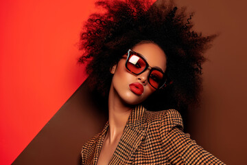 beautiful black female model afro hairstyle and sunglasses against red and brown background