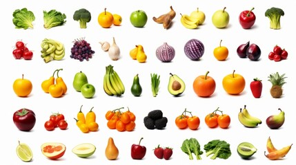 Wall Mural - Wide collage of fresh fruits and vegetables for layout isolated on white background. isolated on white background,. Created using Generative AI Technology