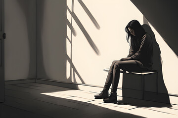 girl enveloped in shadows downward gaze reflecting sadness and depression realistic illustration