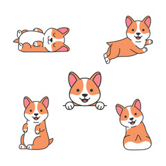  Cute corgi dogs set. Vector illustration isolated on white background.