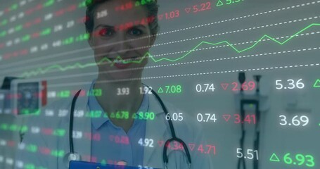 Poster - Animation of data processing over caucasian female doctor