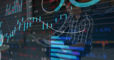 Poster - Animation of financial data processing over caucasian businessman in office