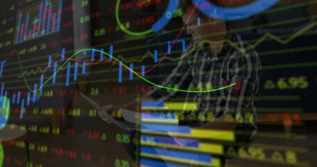 Poster - Animation of financial data processing over caucasian businessman in office