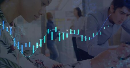 Poster - Animation of financial data processing over diverse business people in office