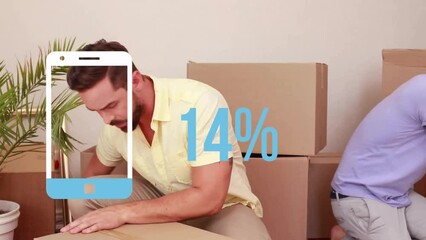 Poster - Animation of smartphone and percent in blue over diverse couple moving in with cardboard boxes
