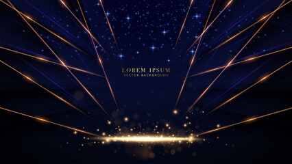 Wall Mural - Diagonal golden lines with sparkle glowing effect and bokeh decoration on dark blue background
