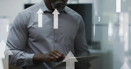 Poster - Animation of arrows and data processing over african american businessman in office