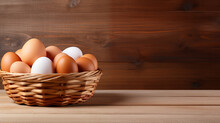 Natural Charm: Isolated Eggs In A Woven Basket On Wood