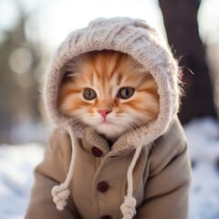 Wall Mural - Cute ginger kitten in winter hat and coat looks at camera.