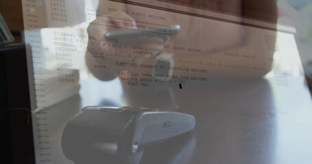 Poster - Animation of data processing over biracial woman paying with smartphone
