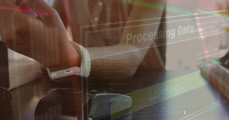 Poster - Animation of data processing over biracial woman paying with smartwatch