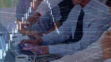 Poster - Animation of financial data processing over diverse business people in office