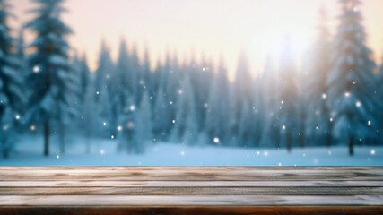Aufkleber - Empty wooden table in front of a winter background with snowfall at sunset