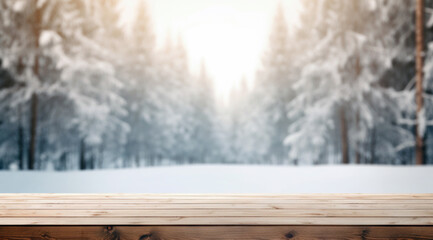 Poster - Empty wooden table top with blurred winter forest background