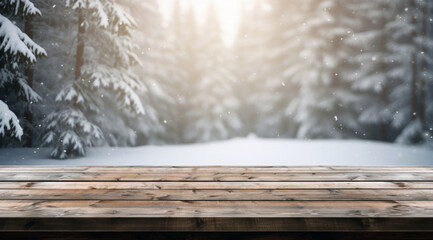 Aufkleber - Empty wooden table top on snowy winter forest background. Ready for product display montage