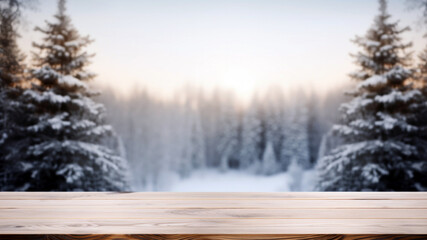 Poster - Empty wooden table against winter landscape with fir trees and snowflakes blur background