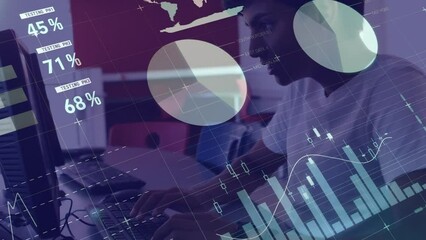 Poster - animation of financial data processing over biracial male student using computer