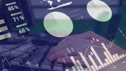 Poster - animation of financial data processing over caucasian student using computers