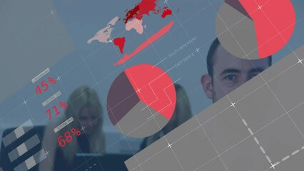 Poster - Animation of financial data processing over diverse business people