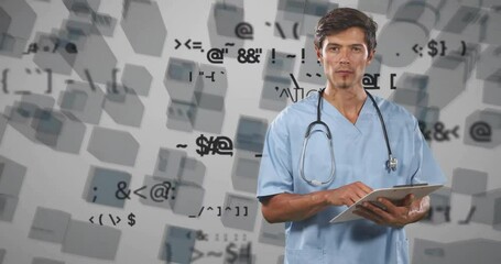 Canvas Print - Animation of financial data processing over caucasian male doctor