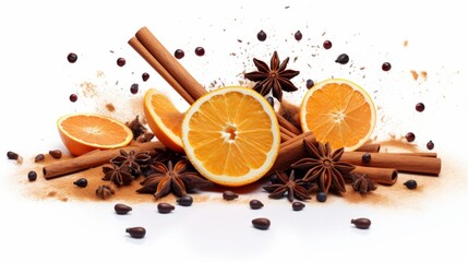 Wall Mural - Splashes of mulled wine and falling cinnamon, dried orange, anise and cloves, isolated on a white background isolated on white background,. Created using Generative AI Technology