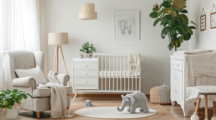 Wall Mural - Baby room with chest of drawer, unisex white cot, big toy elephant, home plant, armchair and floor lamp. Nursery in Japandi or Scandinavian Style. Interior Background
