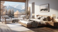 Spacious Scandi Bedroom Interior With Large Windows For Beautiful Views And Minimalist Decor