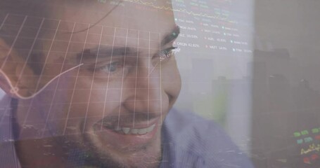 Poster - Animation of financial data processing over biracial businessman and cityscape